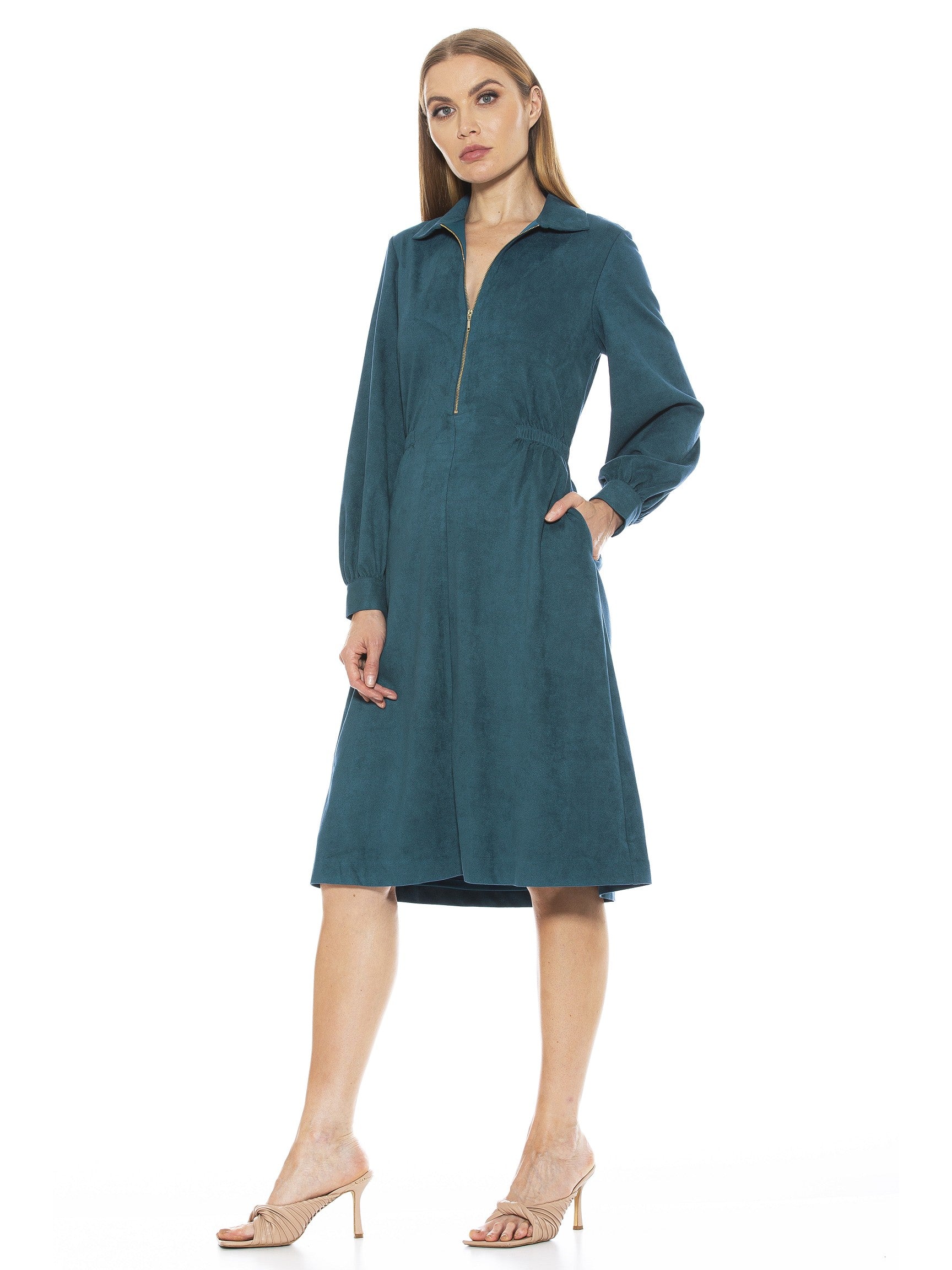 HAILEY COLLAR FIT AND FLARE SUEDE DRESS - ALEXIA ADMOR