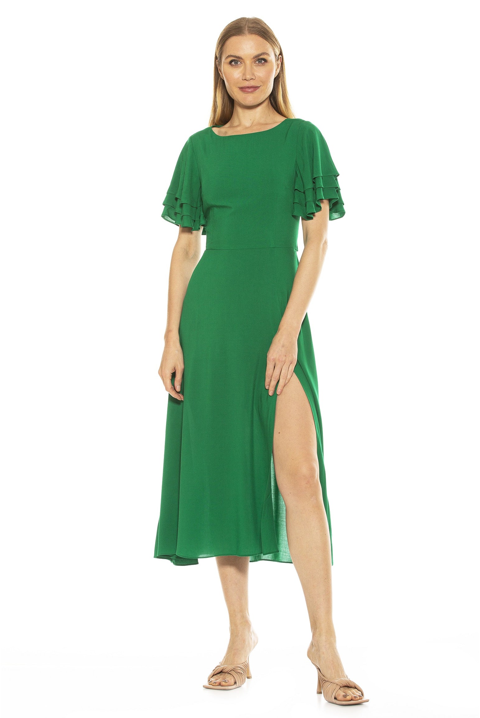 LILIA RUFFLE SLV MIDI DRESS WITH OPEN BACK W/ BOW - ALEXIA ADMOR