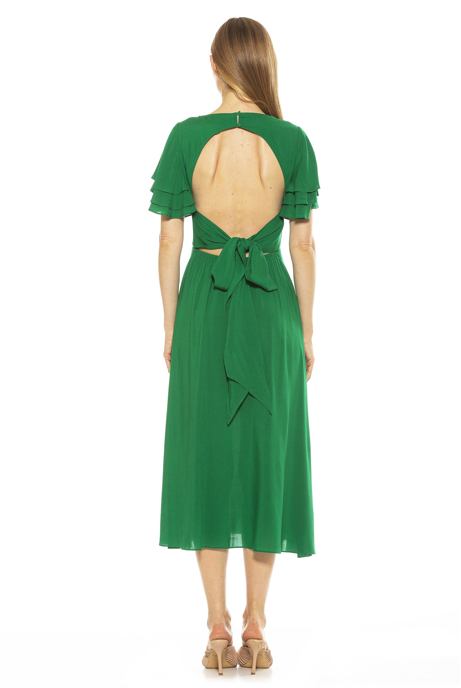 LILIA RUFFLE SLV MIDI DRESS WITH OPEN BACK W/ BOW - ALEXIA ADMOR
