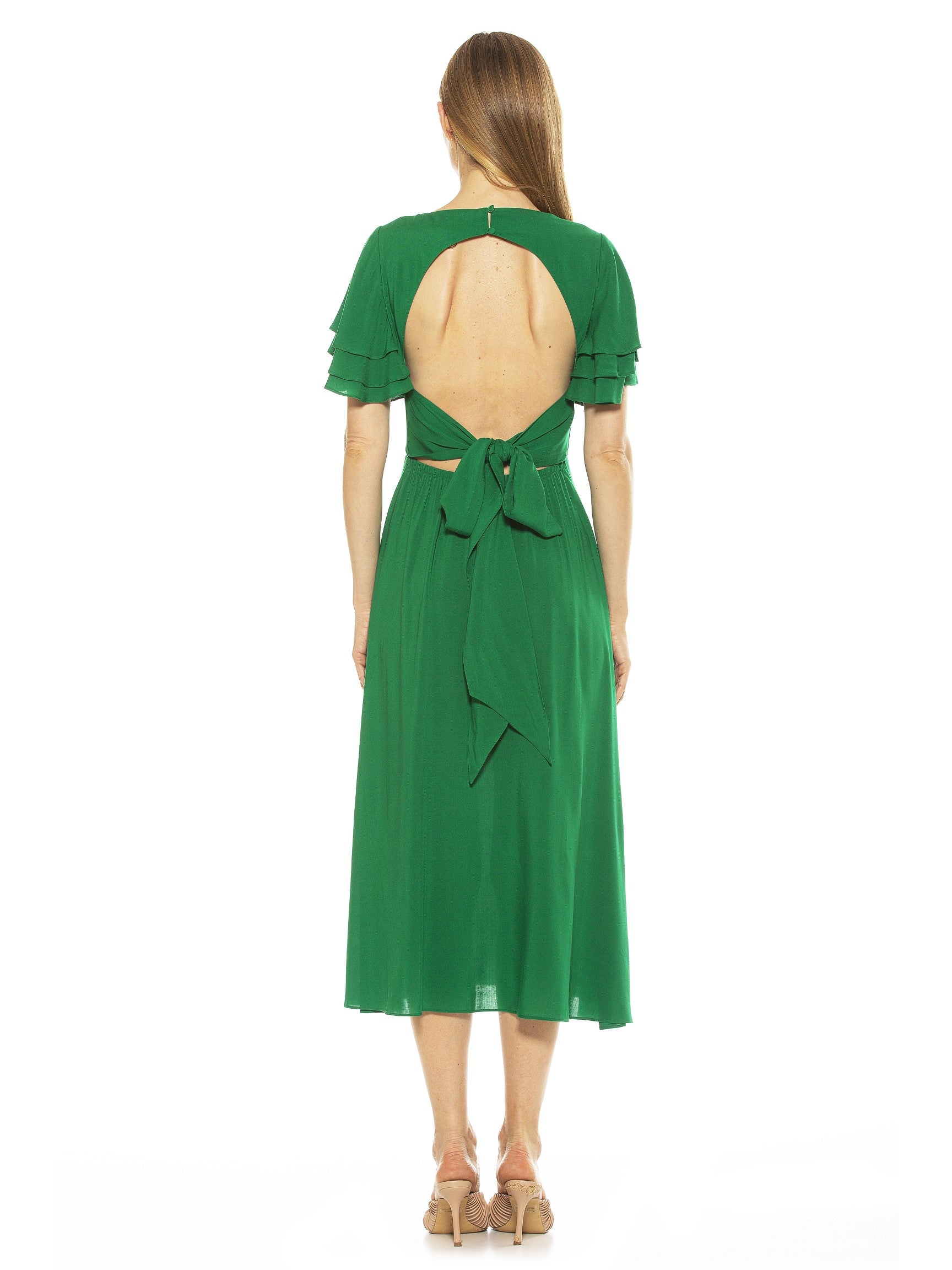 LILIA RUFFLE SLV MIDI DRESS WITH OPEN BACK W/ BOW - ALEXIA ADMOR
