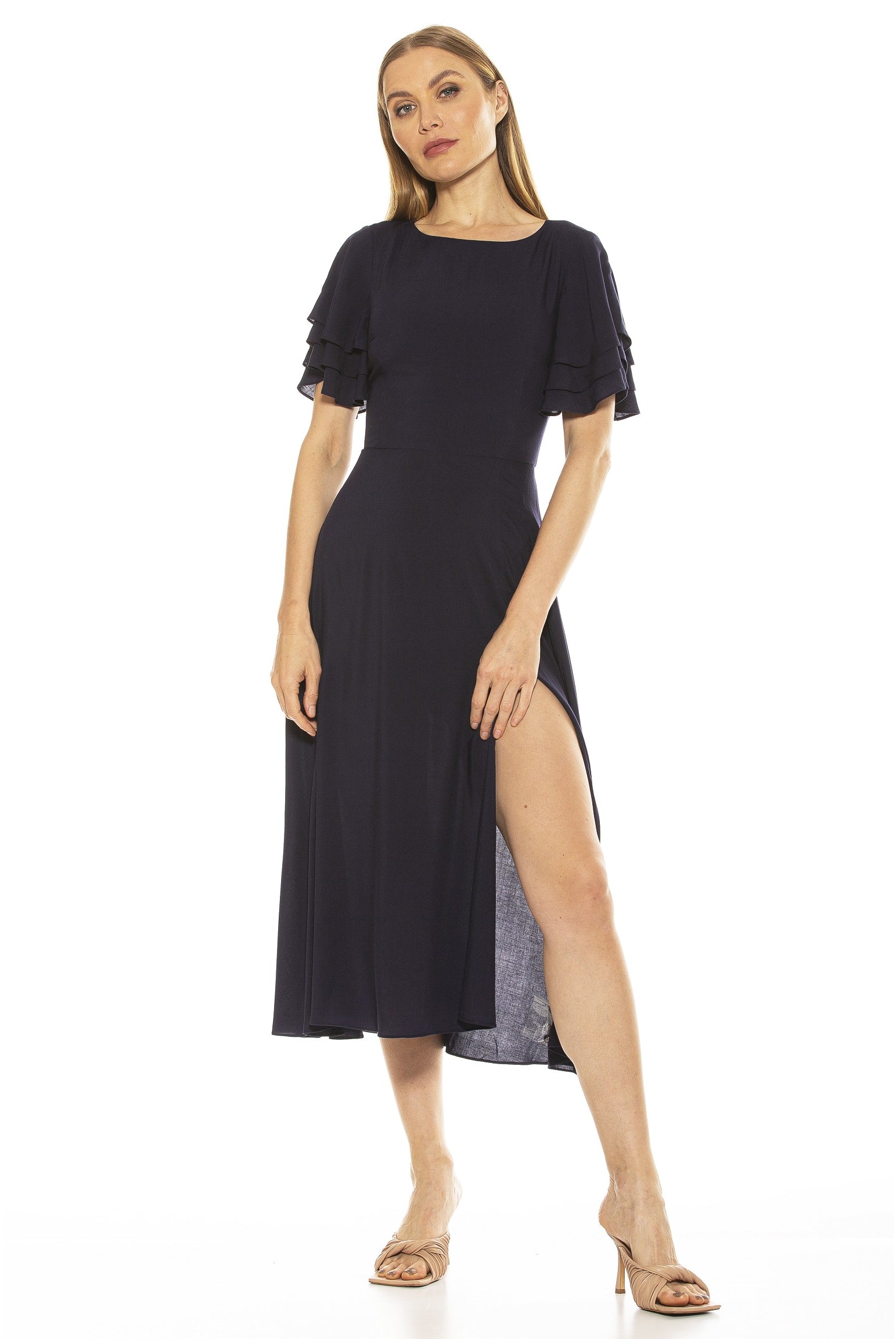 LILIA RUFFLE SLV MIDI DRESS WITH OPEN BACK W/ BOW - ALEXIA ADMOR