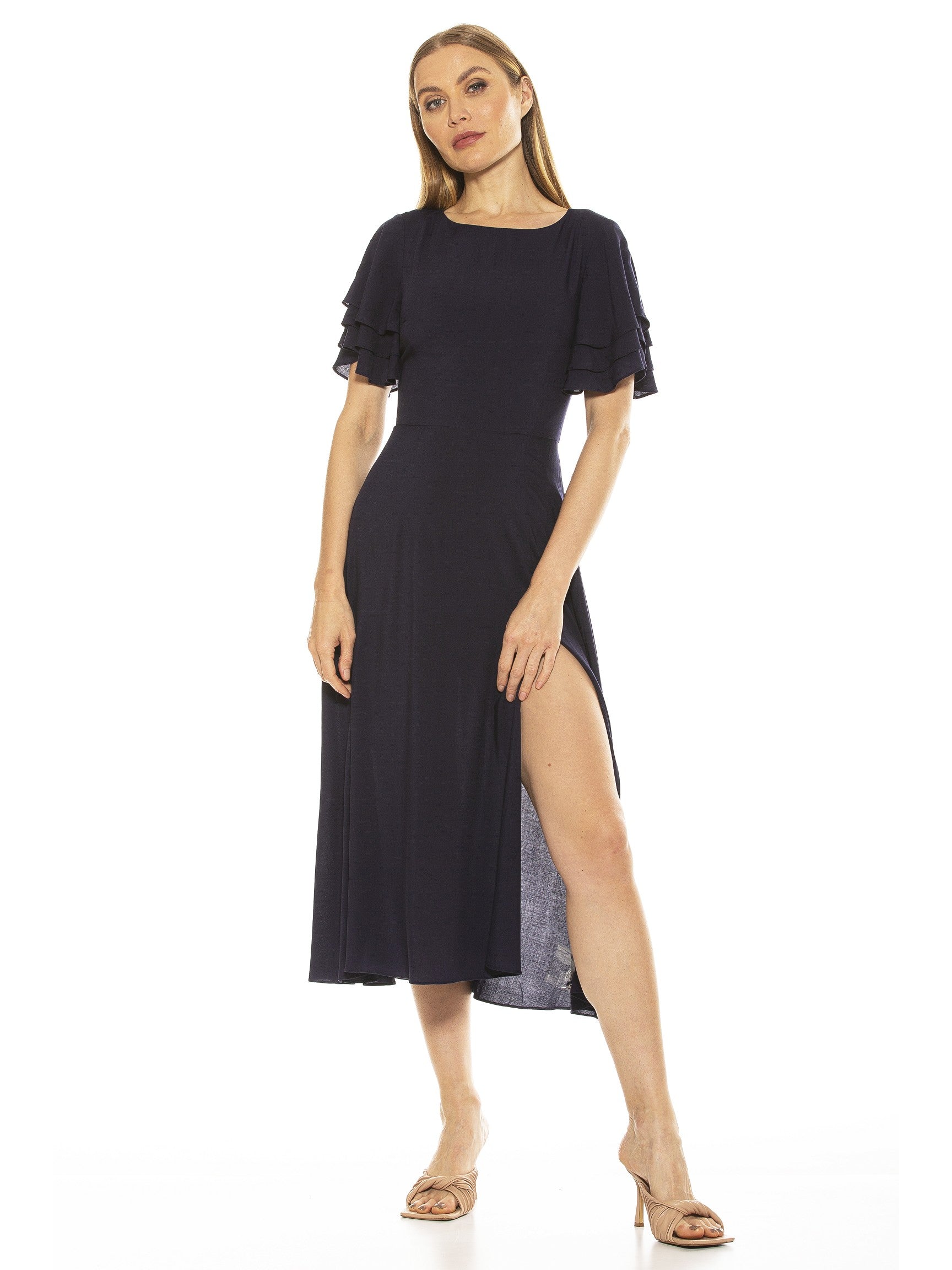 LILIA RUFFLE SLV MIDI DRESS WITH OPEN BACK W/ BOW - ALEXIA ADMOR