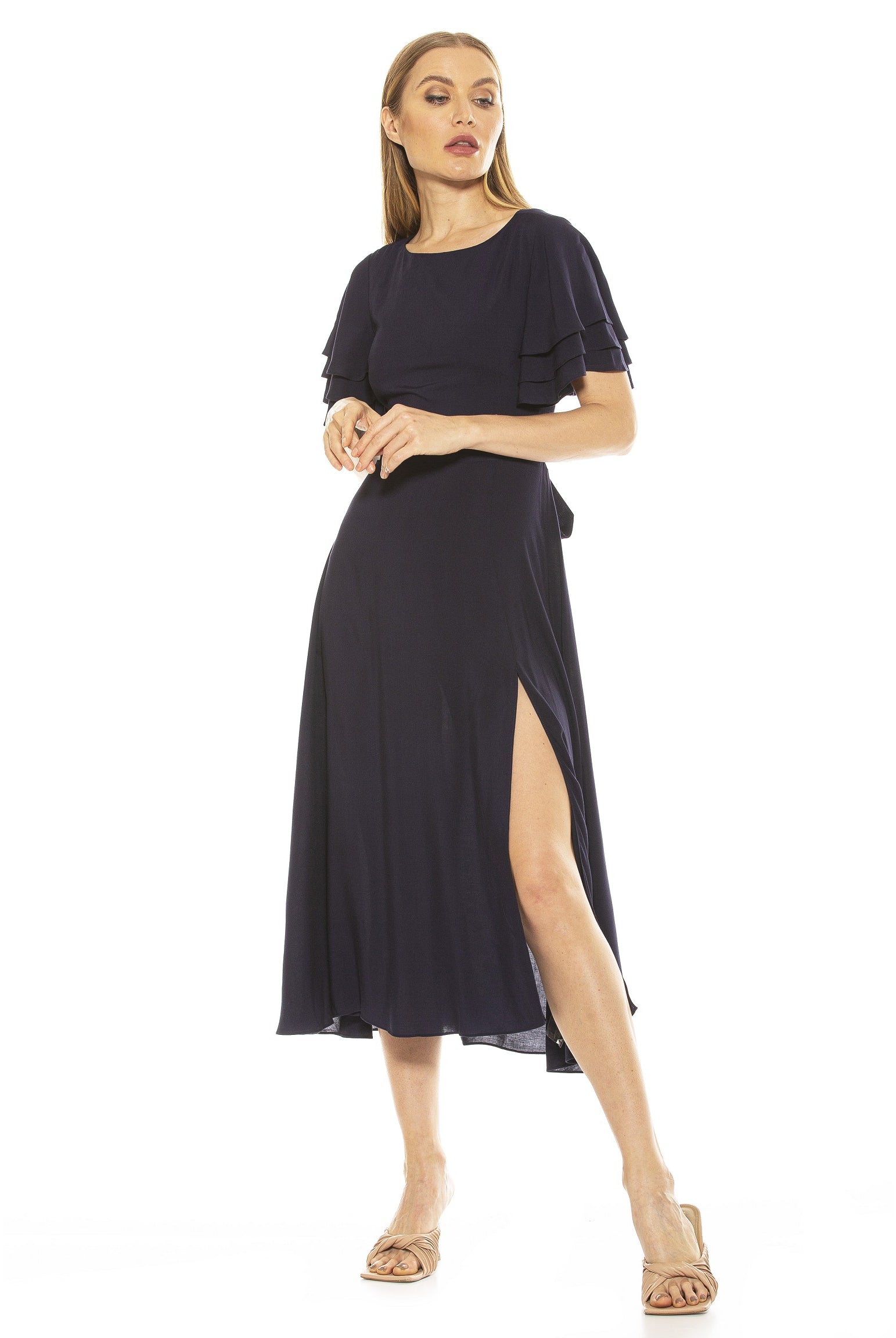 LILIA RUFFLE SLV MIDI DRESS WITH OPEN BACK W/ BOW - ALEXIA ADMOR