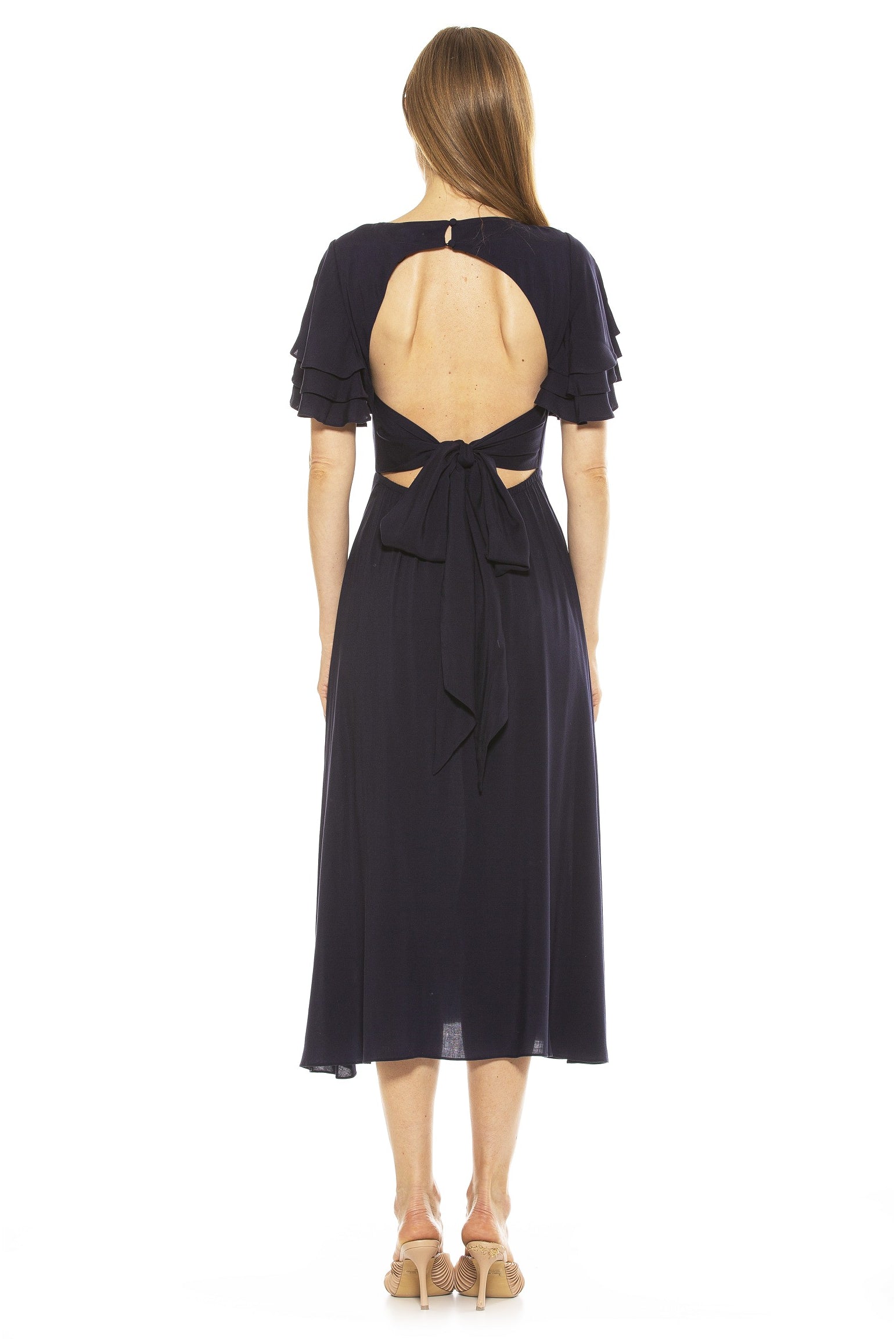 LILIA RUFFLE SLV MIDI DRESS WITH OPEN BACK W/ BOW - ALEXIA ADMOR