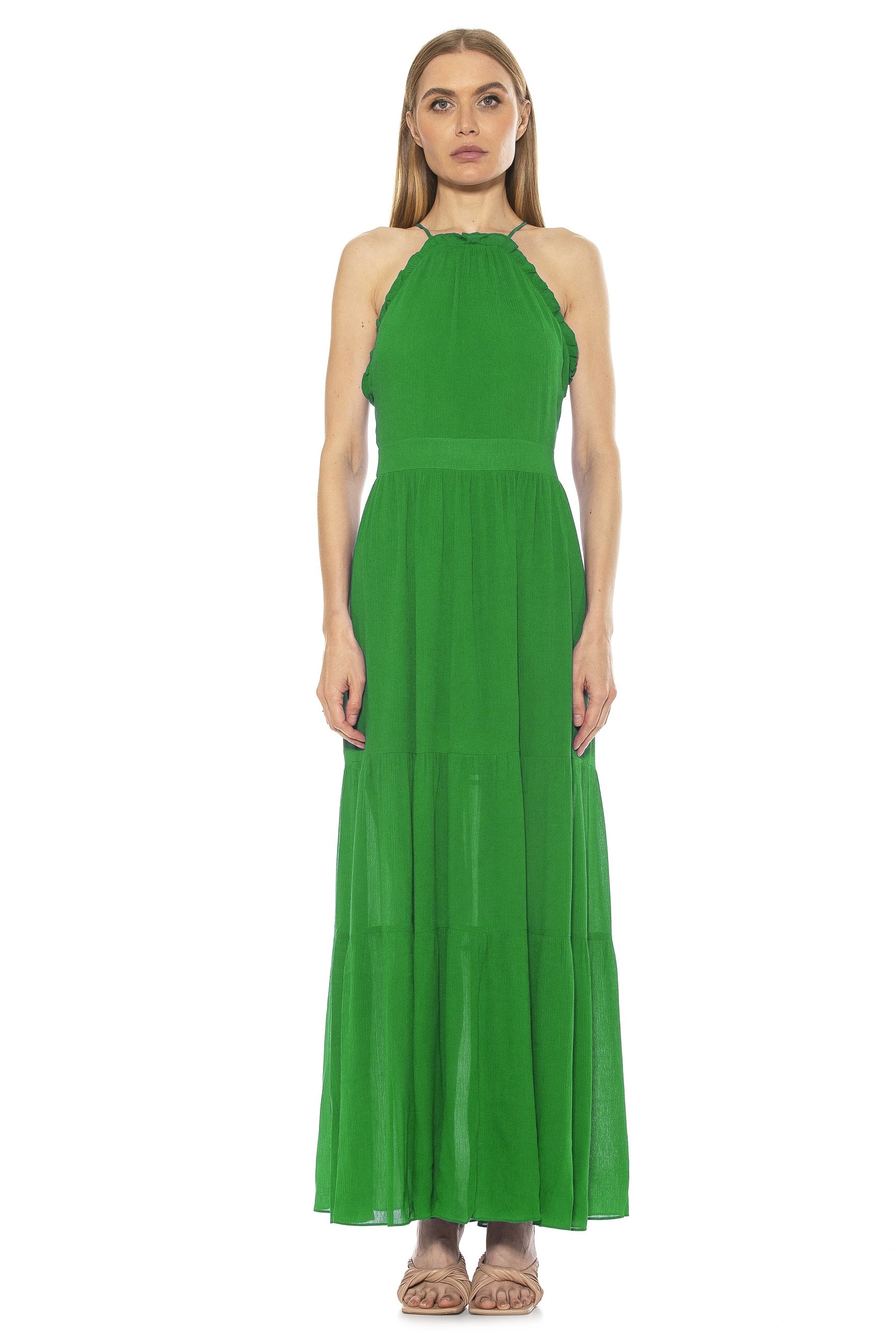 KIRA RUFFLE HALTER MAXI WITH LACE UP BACK - ALEXIA ADMOR