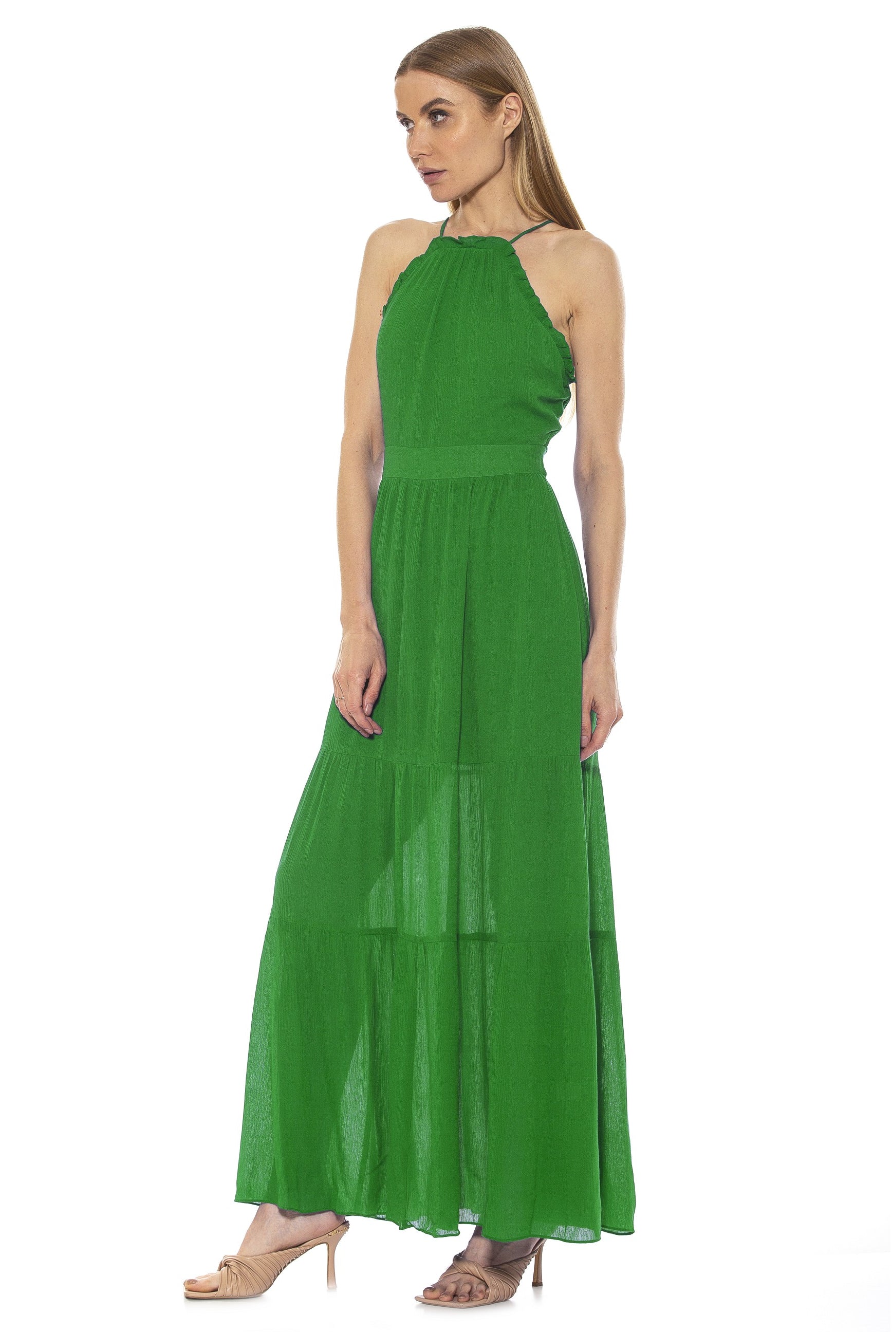 KIRA RUFFLE HALTER MAXI WITH LACE UP BACK - ALEXIA ADMOR