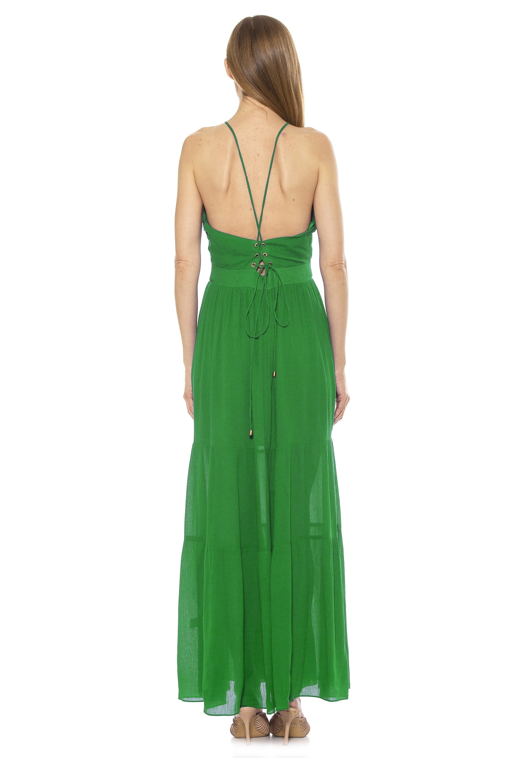 KIRA RUFFLE HALTER MAXI WITH LACE UP BACK - ALEXIA ADMOR