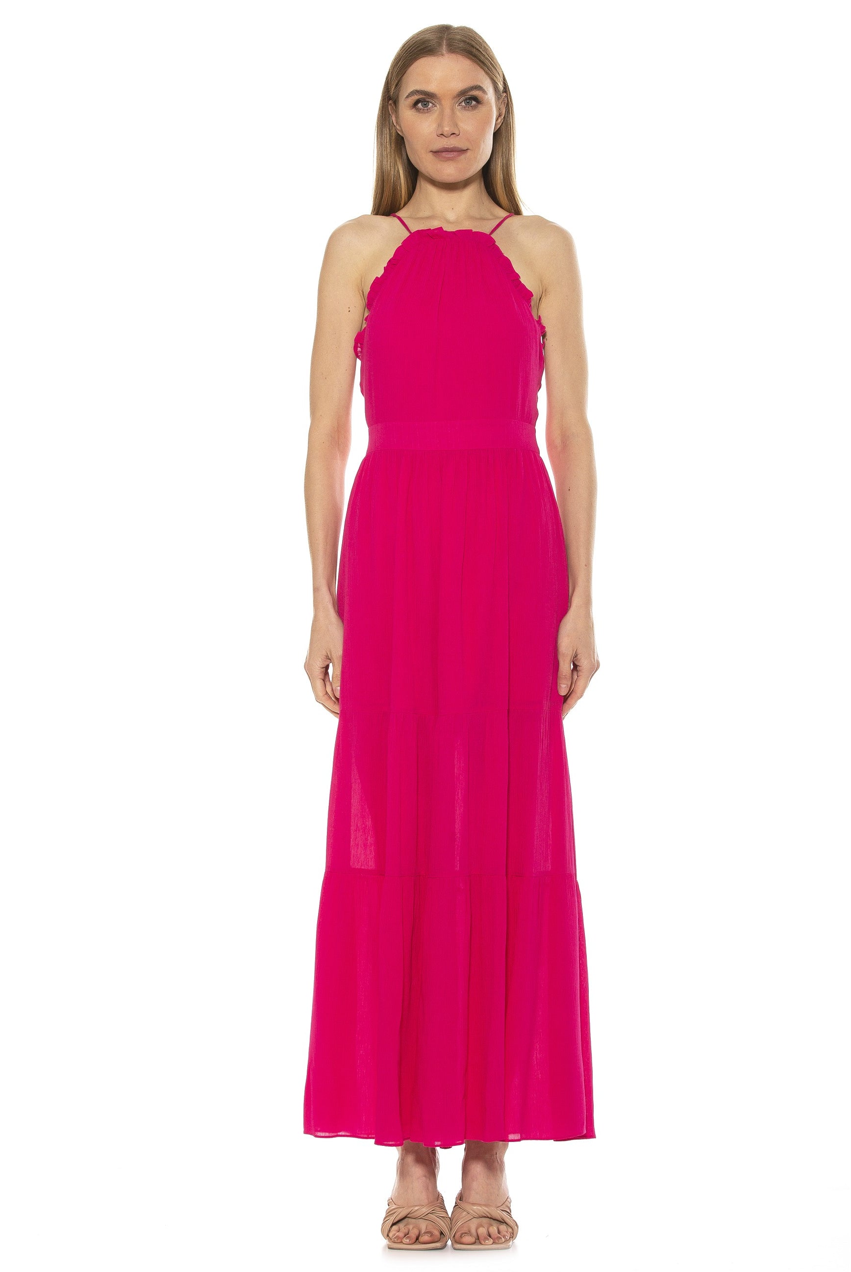 KIRA RUFFLE HALTER MAXI WITH LACE UP BACK - ALEXIA ADMOR