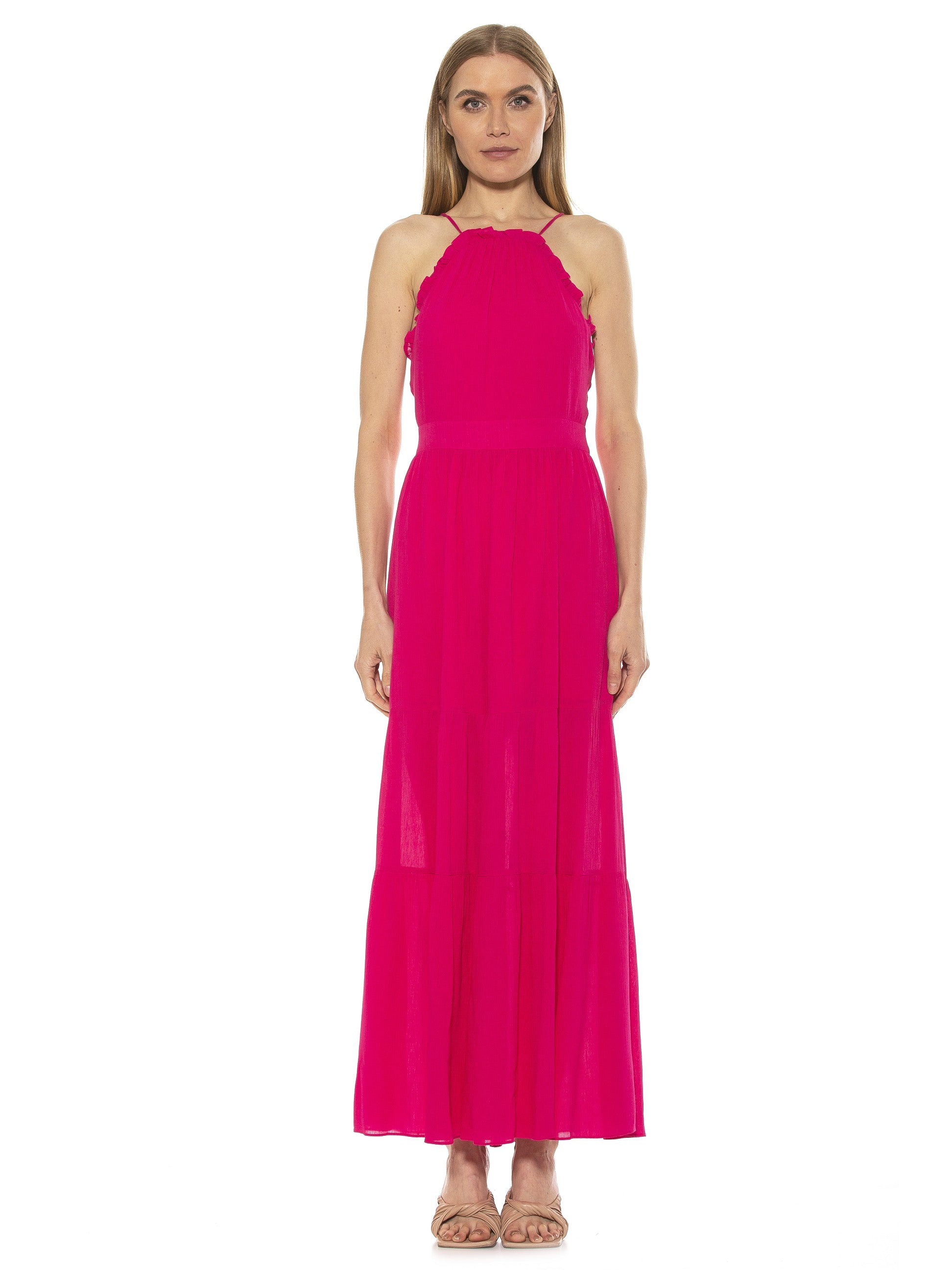 KIRA RUFFLE HALTER MAXI WITH LACE UP BACK - ALEXIA ADMOR