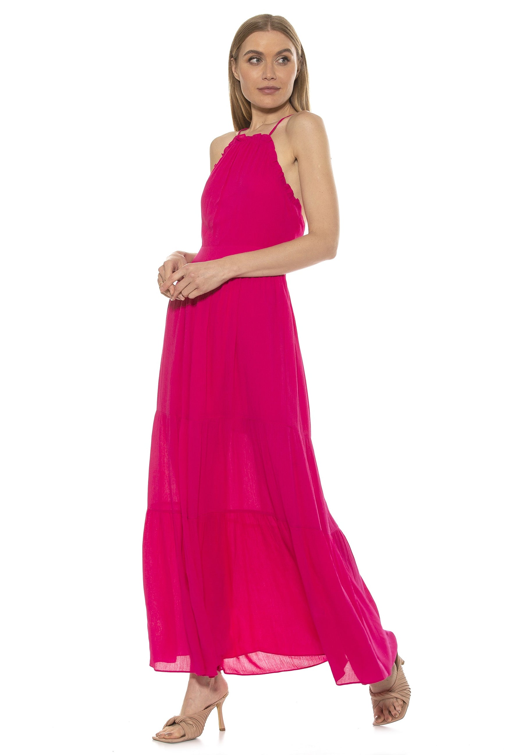 KIRA RUFFLE HALTER MAXI WITH LACE UP BACK - ALEXIA ADMOR