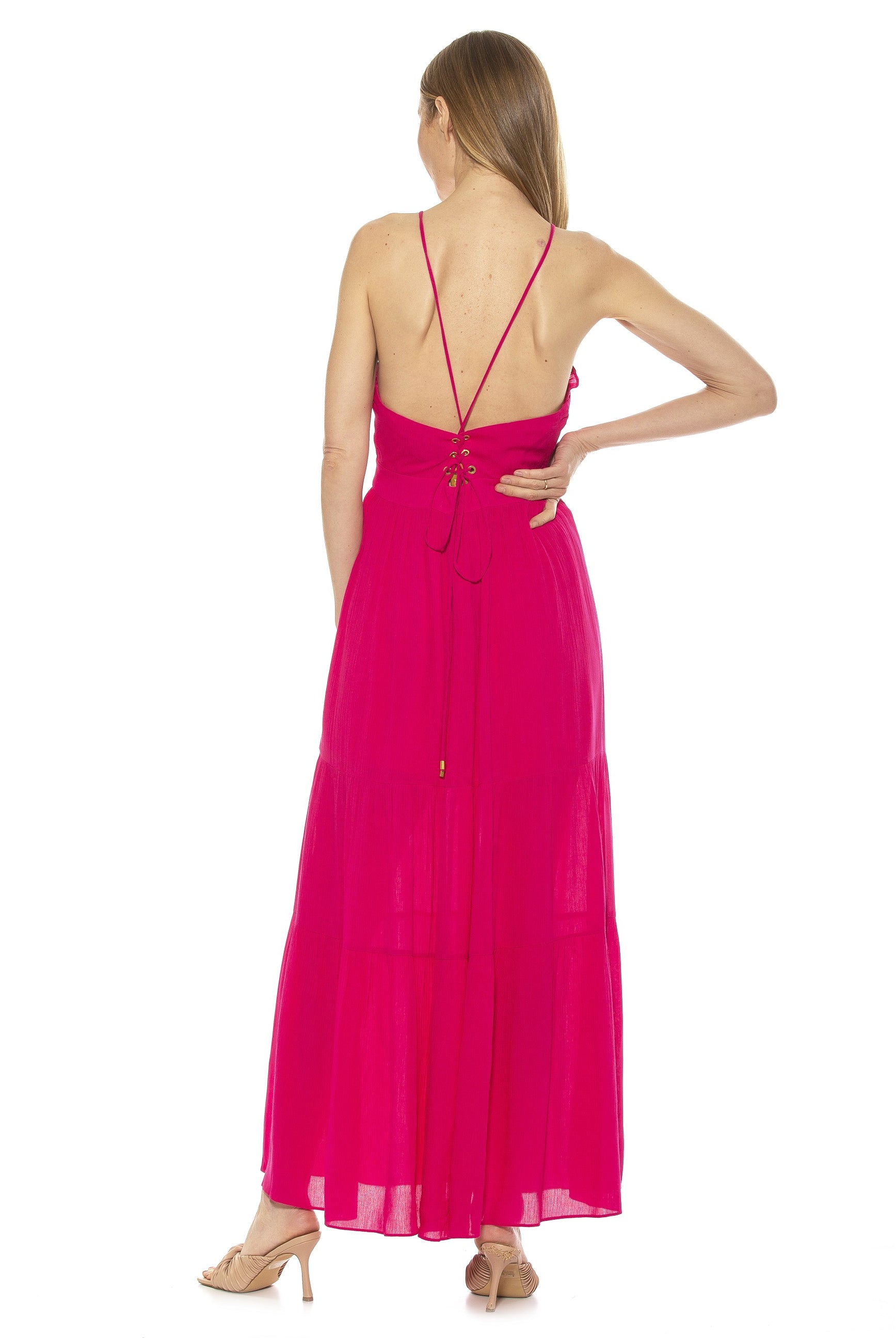 KIRA RUFFLE HALTER MAXI WITH LACE UP BACK - ALEXIA ADMOR