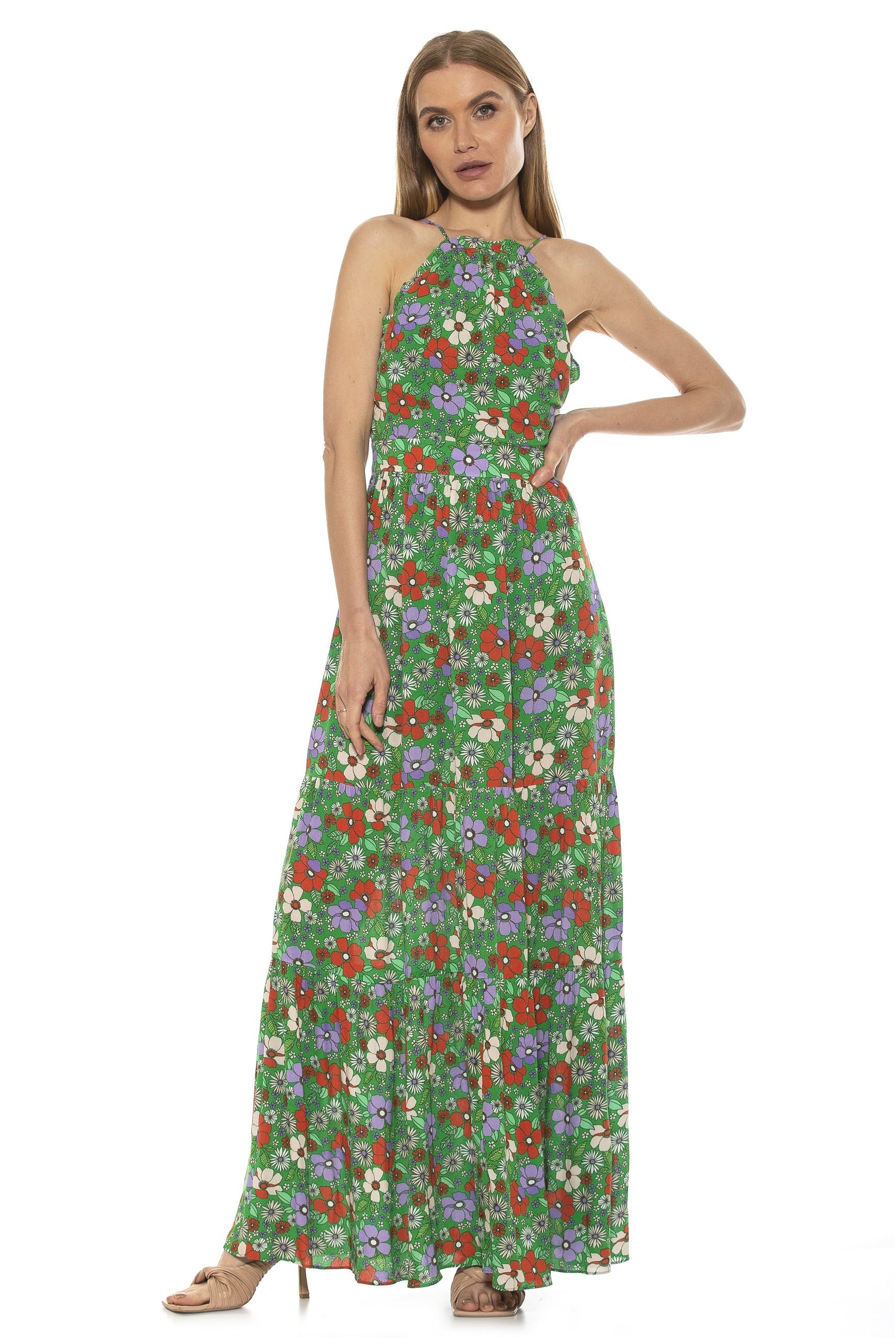 KIRA RUFFLE HALTER MAXI WITH LACE UP BACK - ALEXIA ADMOR