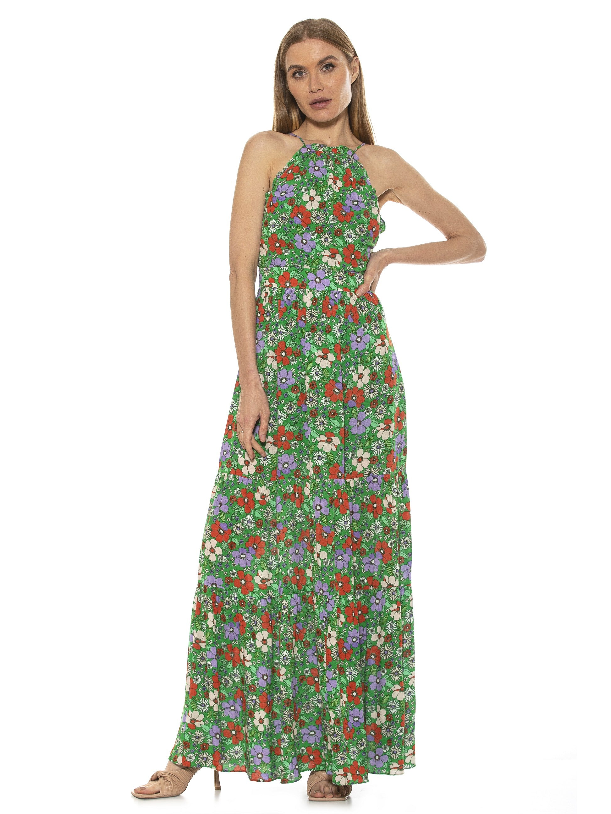 KIRA RUFFLE HALTER MAXI WITH LACE UP BACK - ALEXIA ADMOR