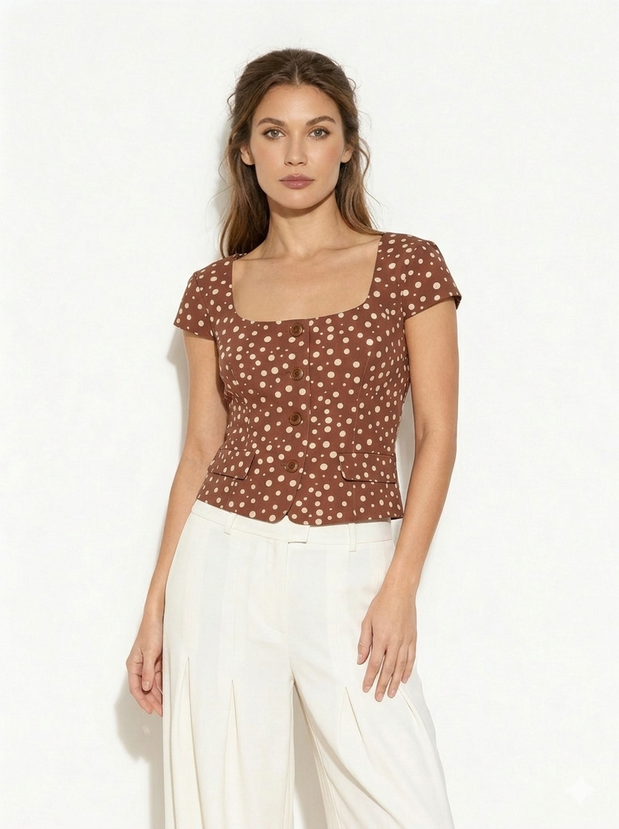Brown polka dot square neck short sleeve top with button front and pocket flap detail