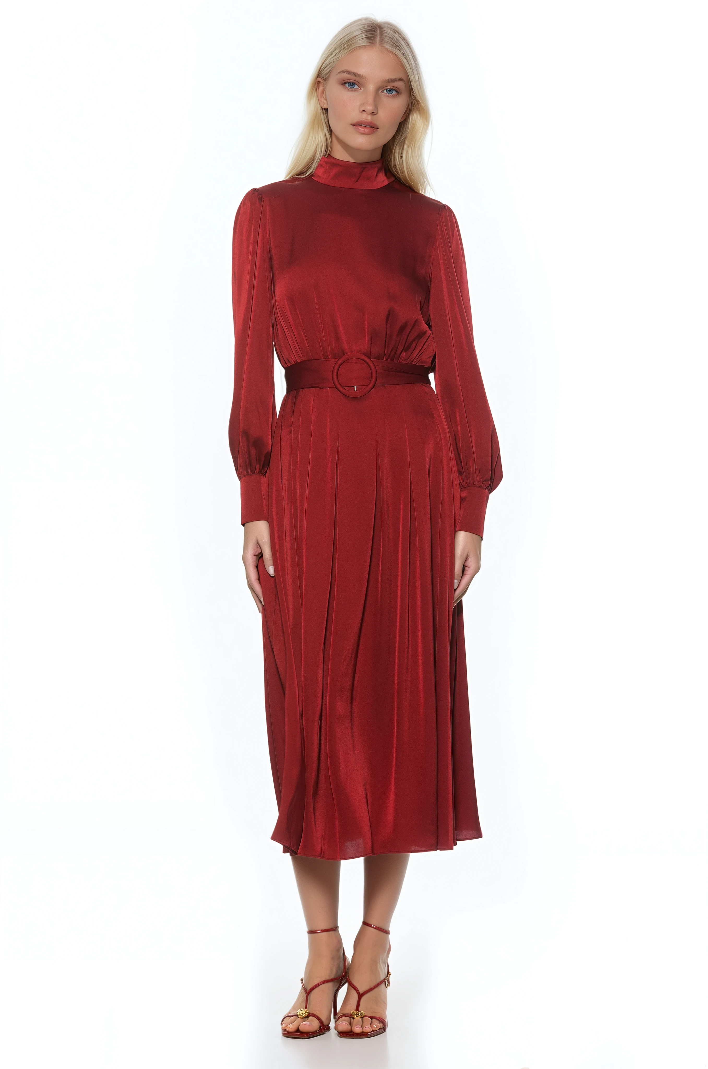 Front view burgundy maxi dress, long sleeve, blouson sleeves with wide cuffs, belted.