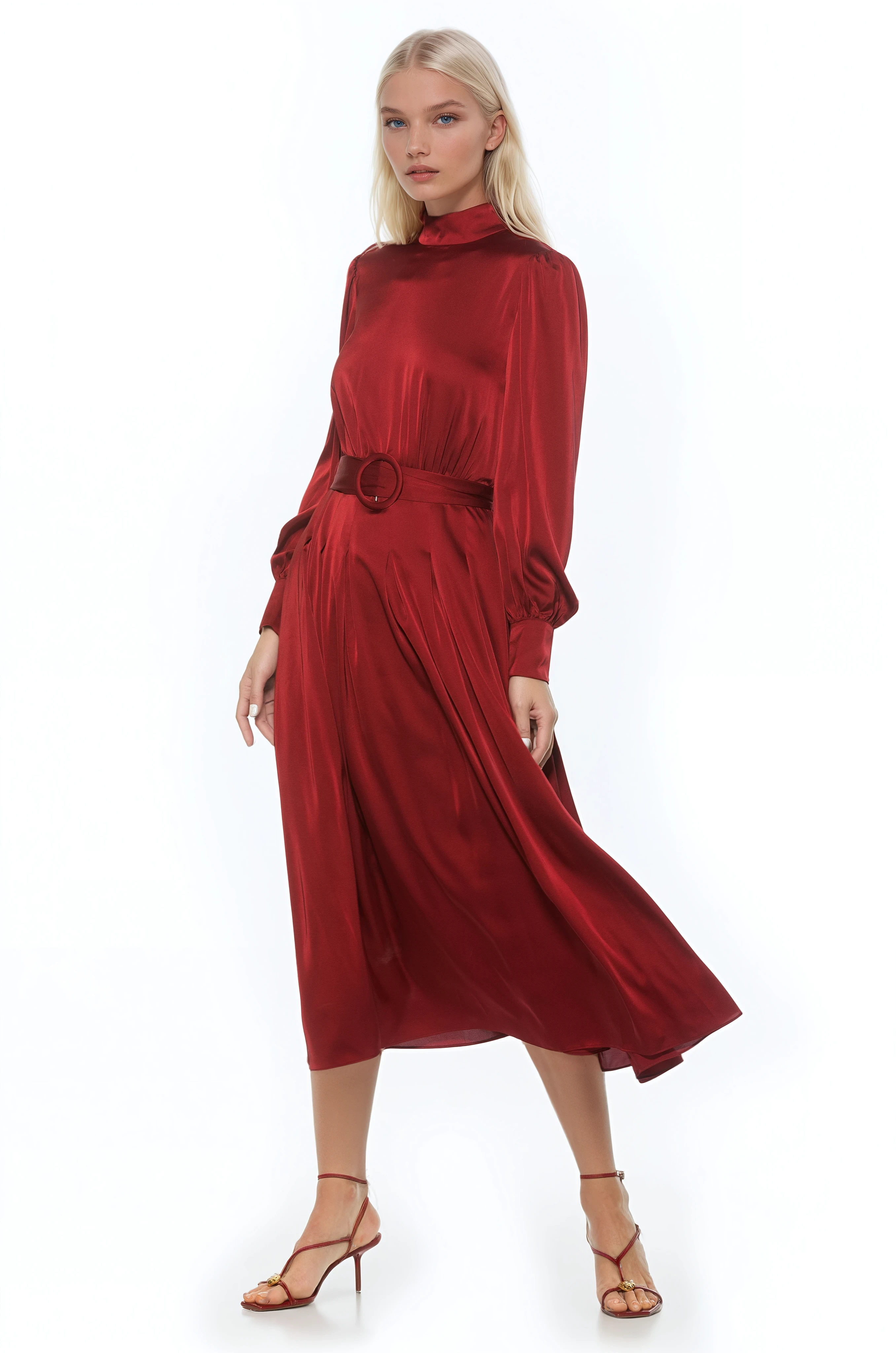 Front view burgundy maxi dress, long sleeve, blouson sleeves with wide cuffs, belted.