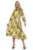 Back view green floral maxi dress, long sleeve, blouson sleeves with wide cuffs, belted.