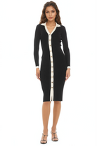 Front view black knit midi dress, long sleeves, v-neck with collar, gold button front, ivory contract details.