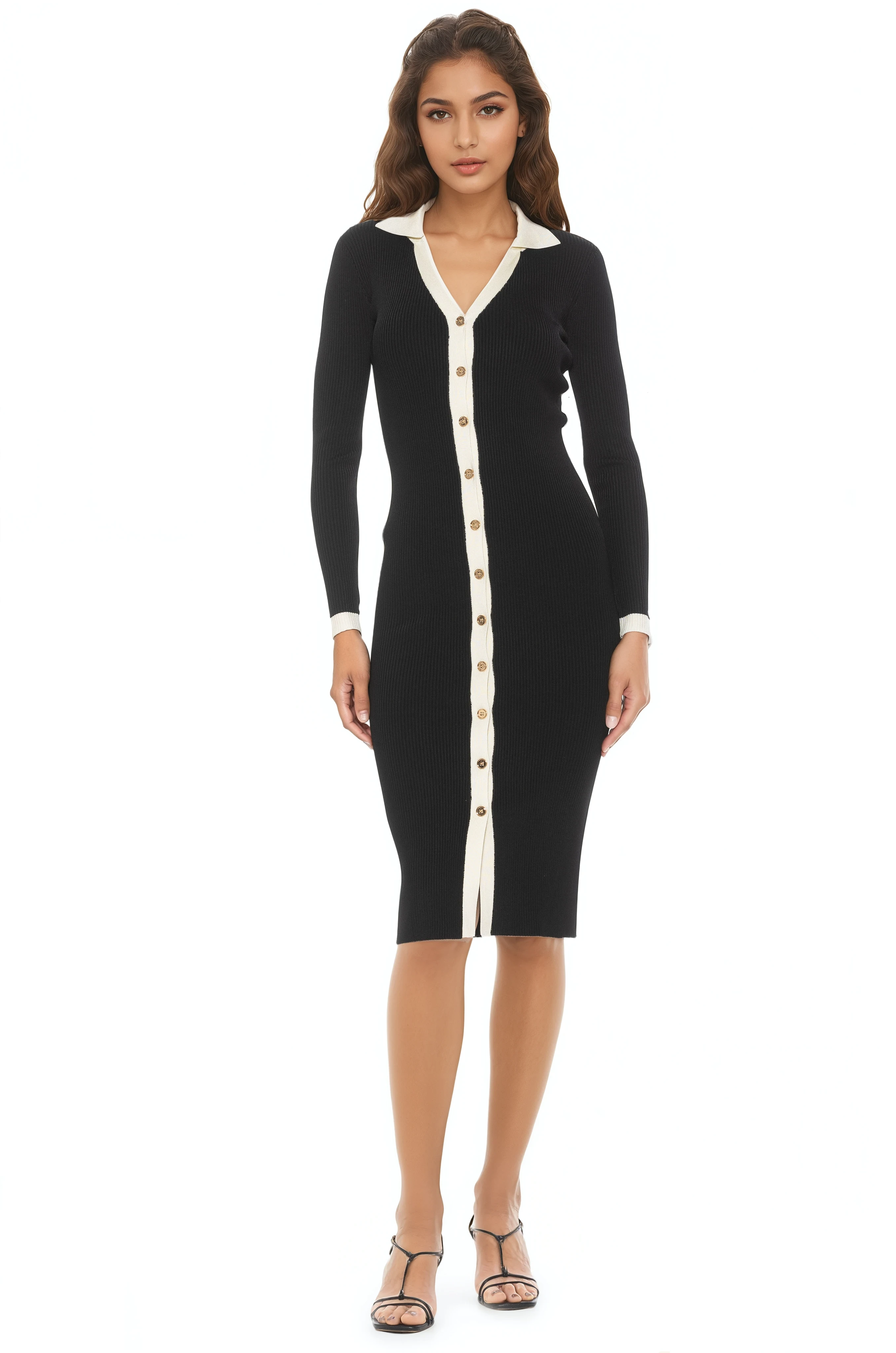 Front view black knit midi dress, long sleeves, v-neck with collar, gold button front, ivory contract details.