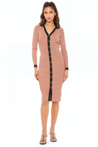 Front view camel knit midi dress, long sleeves, v-neck with collar, gold button front, black contract details.