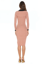 Back view camel knit midi dress, long sleeves, v-neck with collar, black contract details.