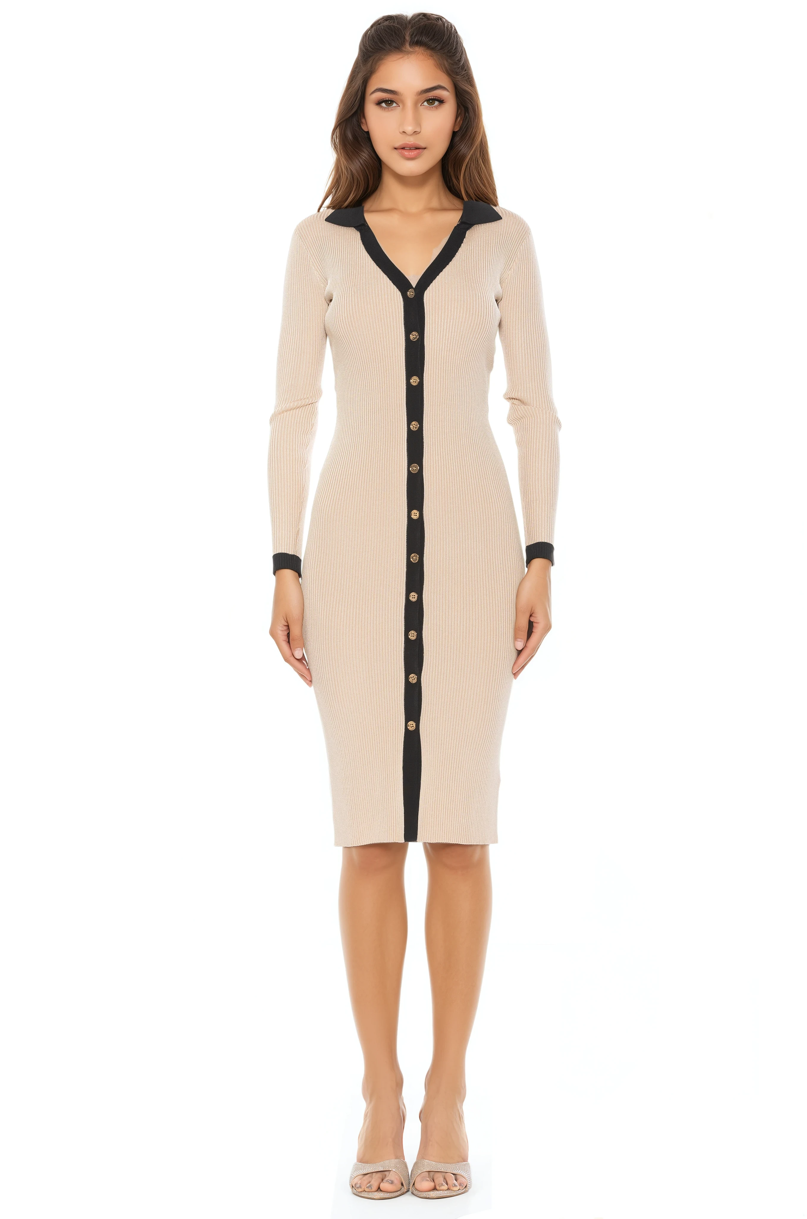 Front view ivory knit midi dress, long sleeves, v-neck with collar, gold button front, black contract details.