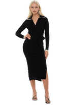 Front view black midi dress, long sleeves, surplice neck, ivory contract detail, side slit.