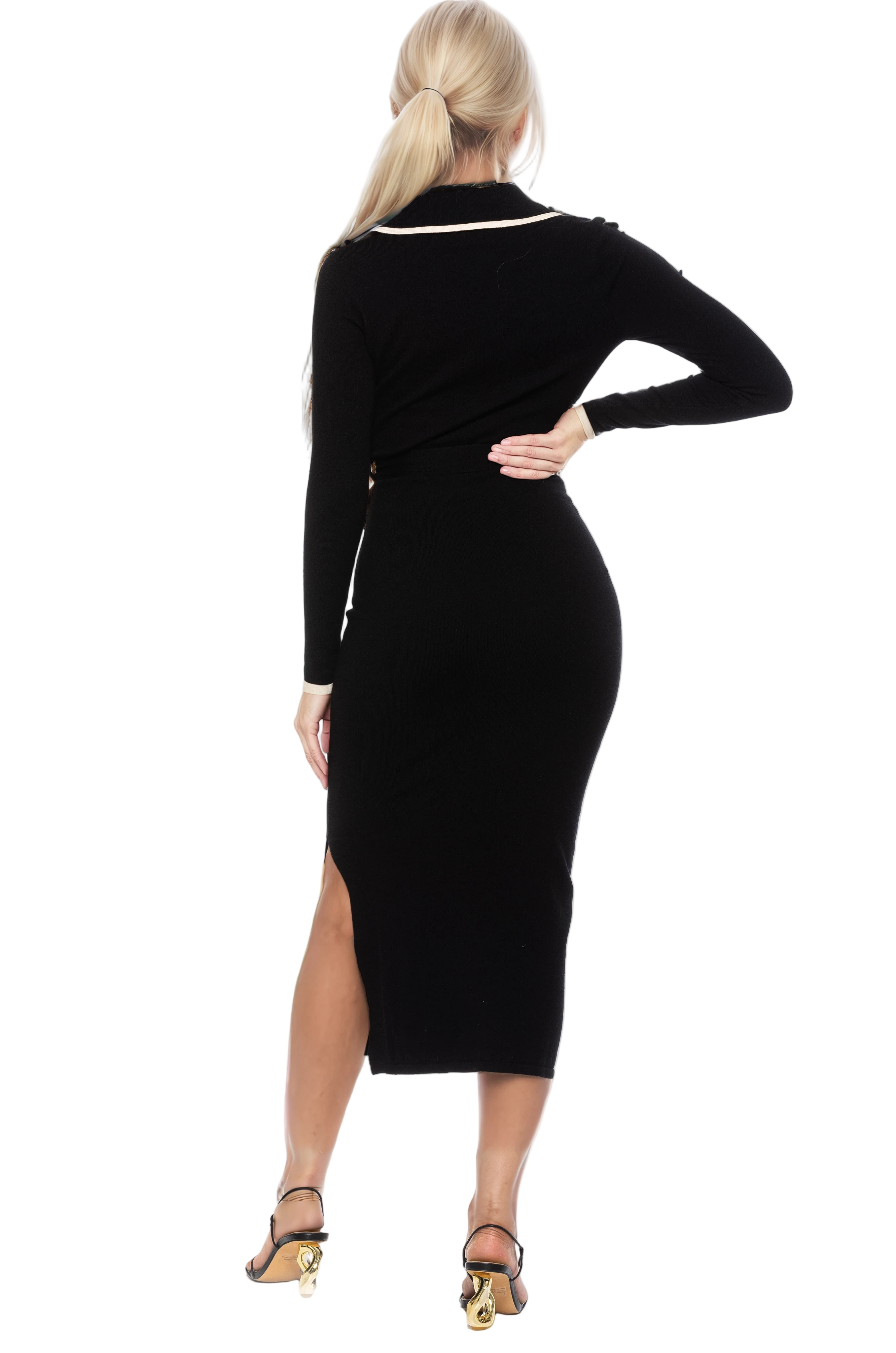 Side view black midi dress, long sleeves, surplice neck, ivory contract detail, side slit.