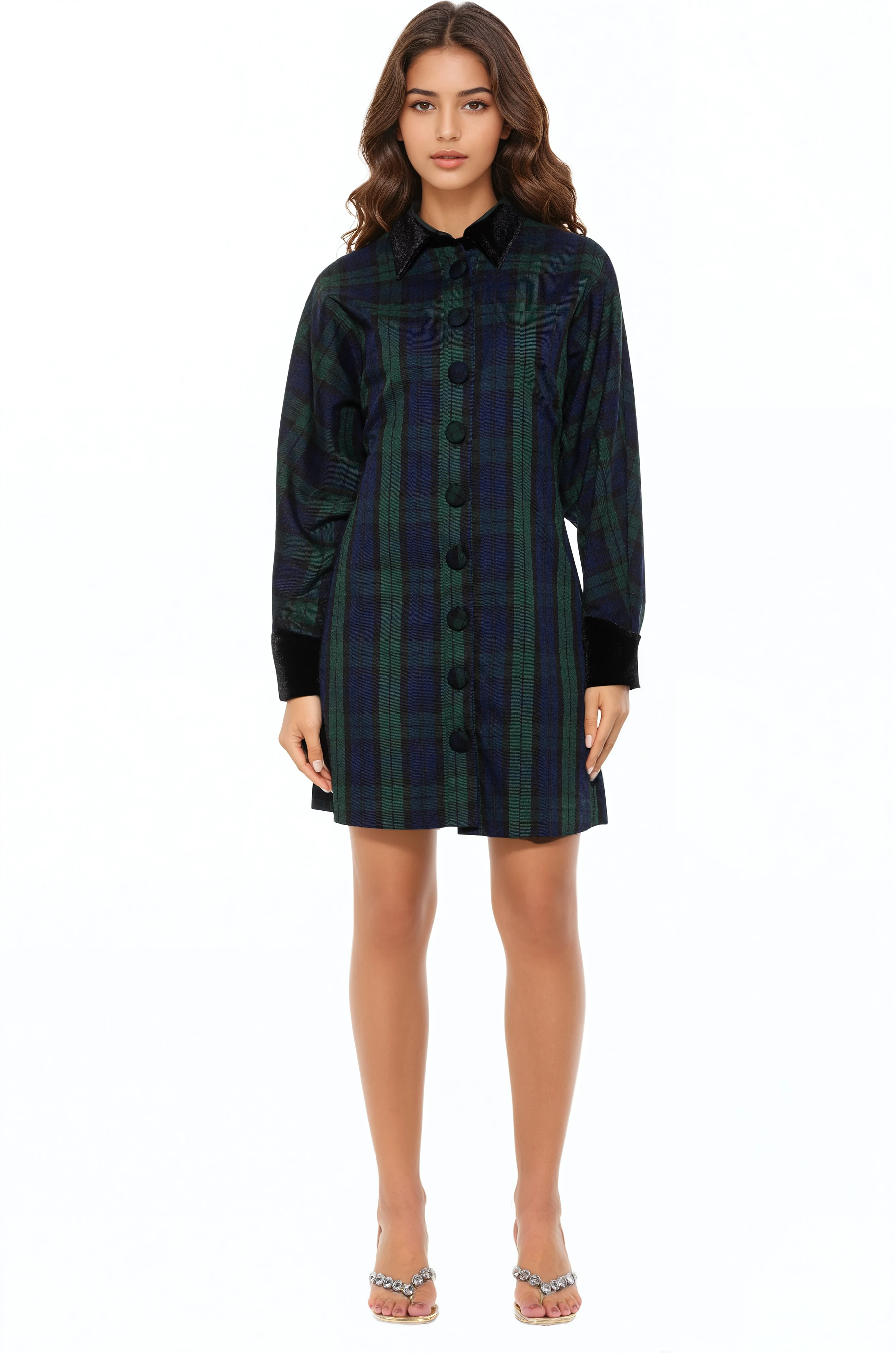 Front view green plaid mini dress, long sleeves, contrast black collar and cuffs, plaid button front.