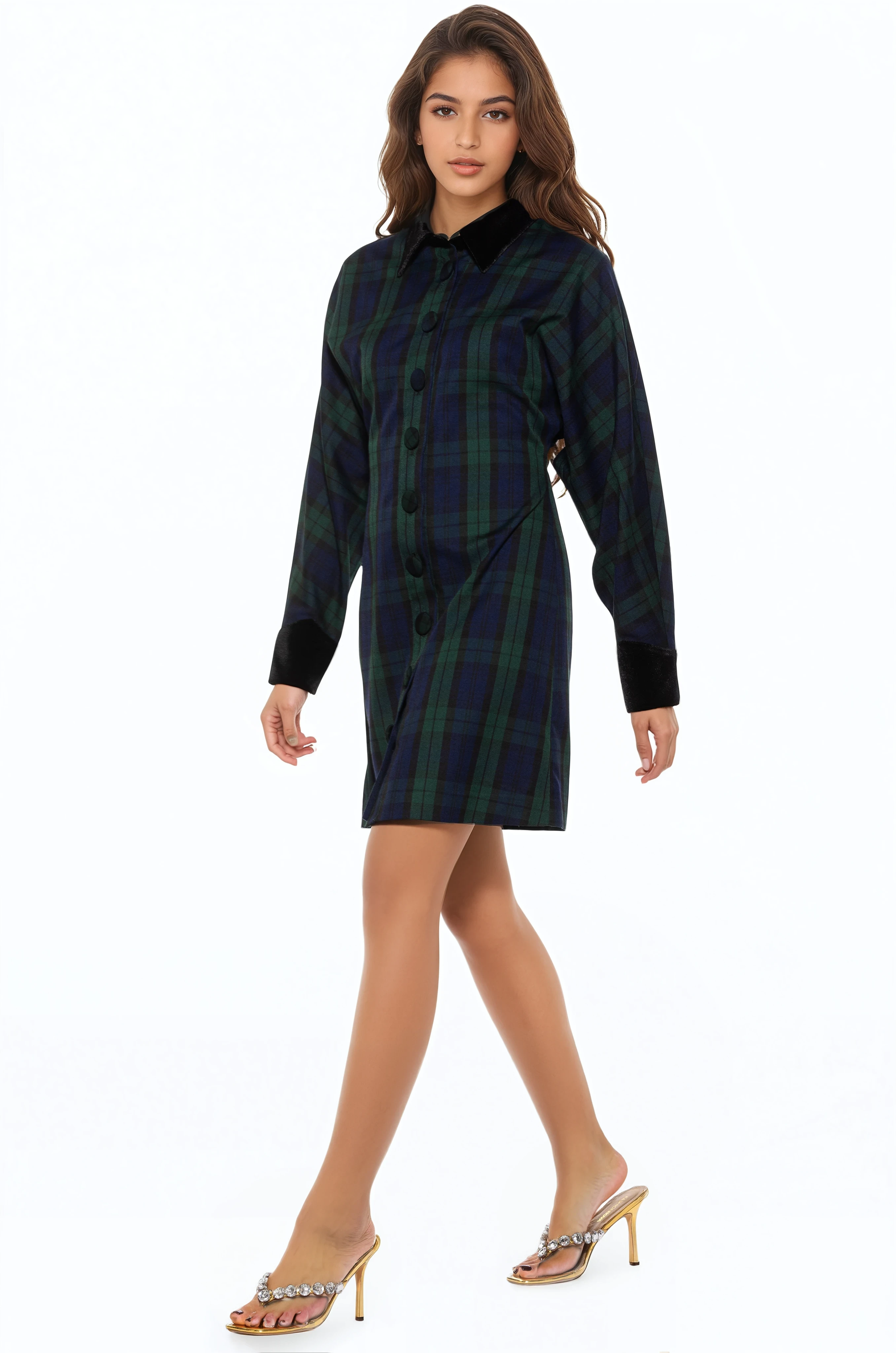 Side view green plaid mini dress, long sleeves, contrast black collar and cuffs, plaid button front.