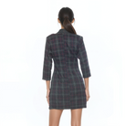 Back view green plaid mini dress, 3/4 sleeve, back zip