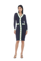 Front view navy v-neck knit dress, long sleeves, contrast ivory and green trim with gold button detailing.