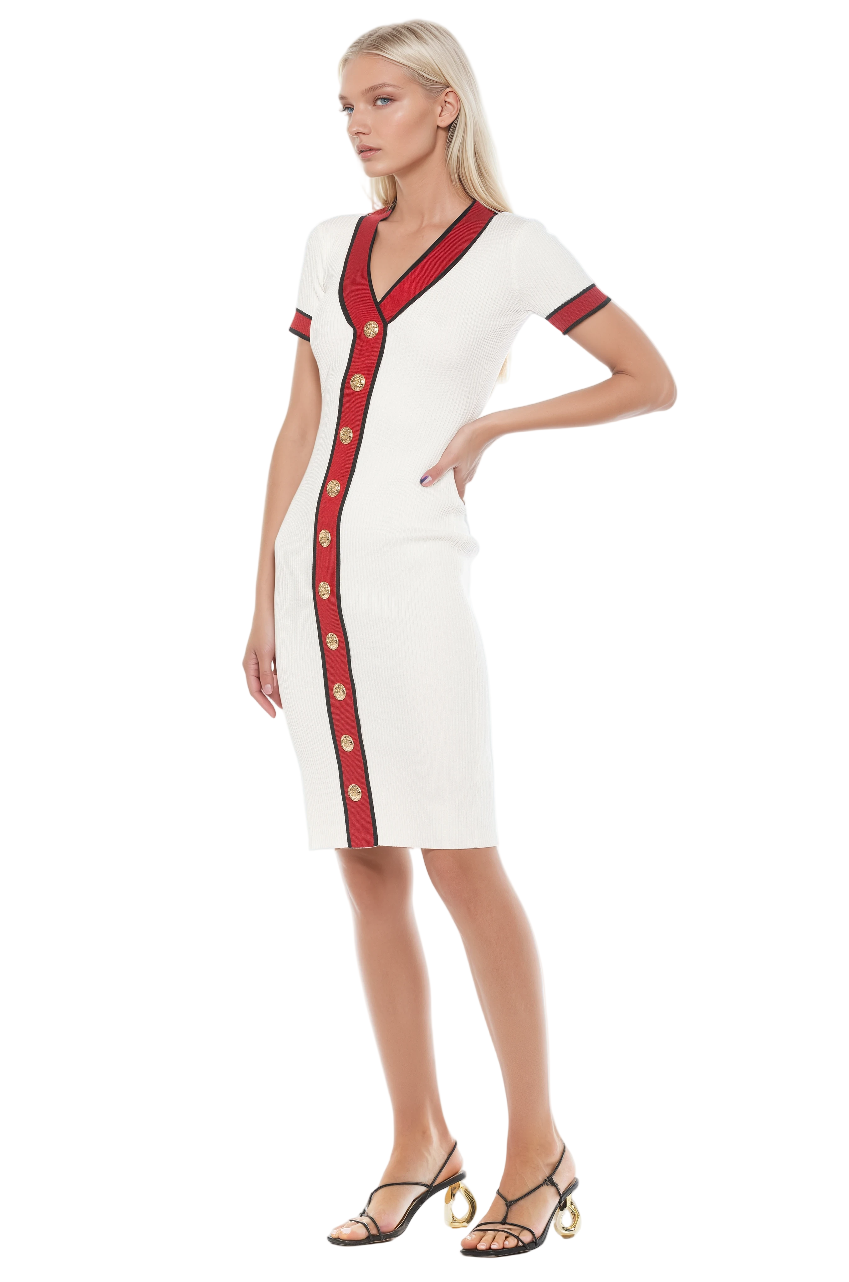 Side view ivory v-neck knit dress, short sleeve, contrast red and navy trim with gold button detailing.