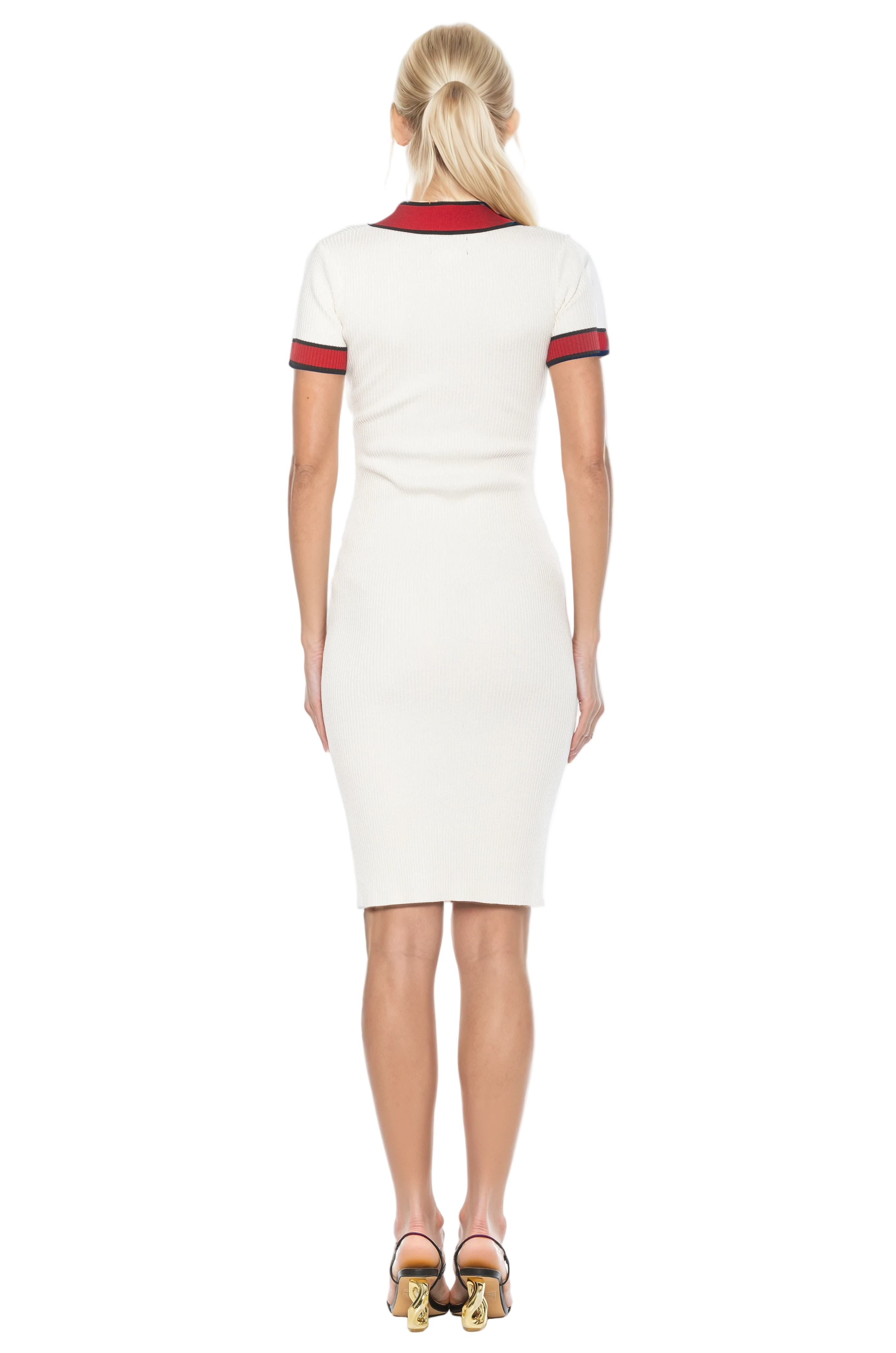 Back view ivory v-neck knit dress, short sleeve, contrast red and navy trim.