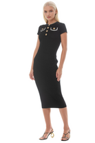 Front view black rib knit midi dress, short sleeves, crew neck, gold button, and ivory contract detail.