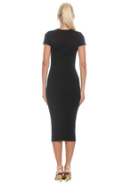 Front view black rib knit midi dress, short sleeves, crew neck.