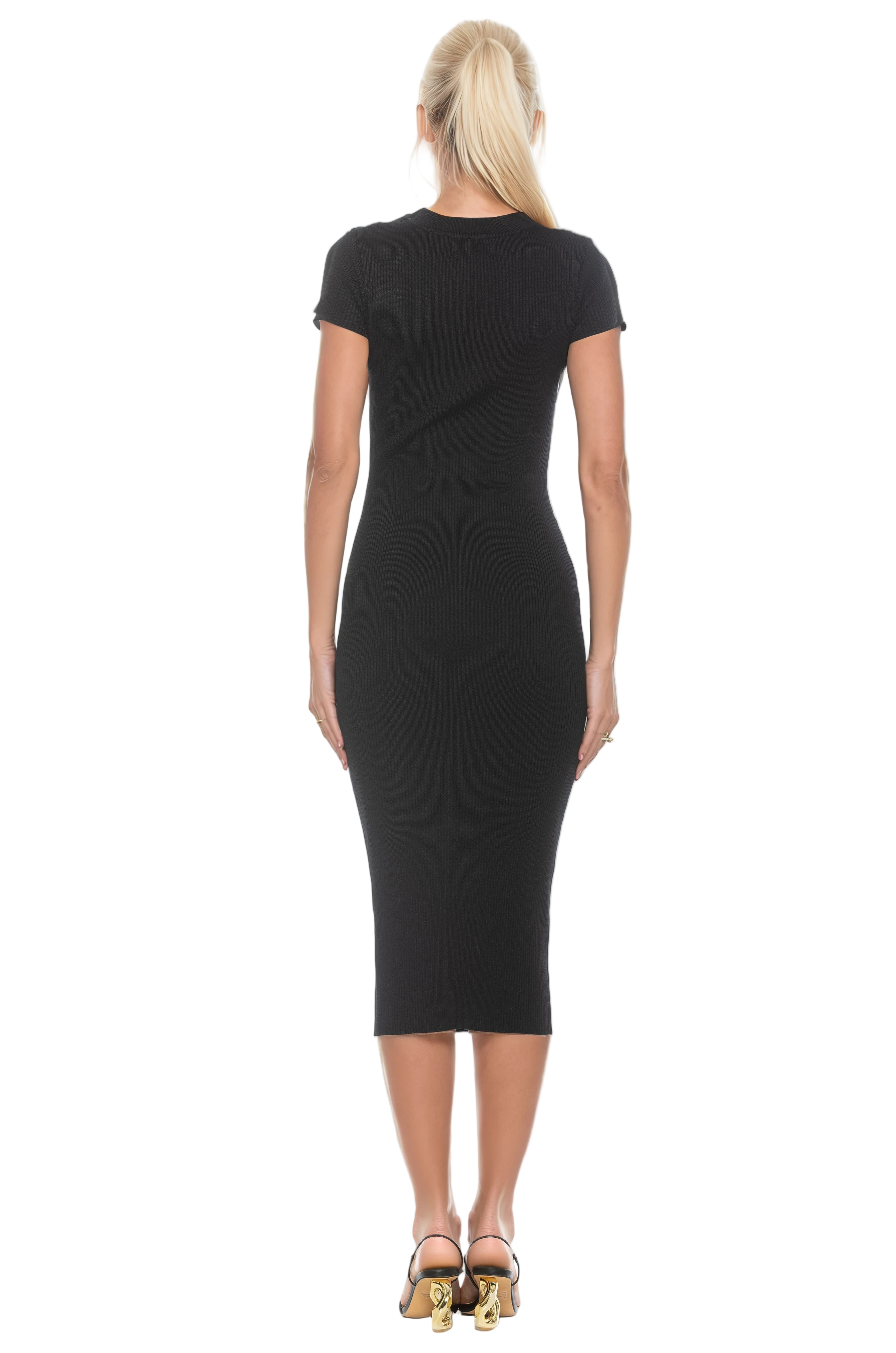 Front view black rib knit midi dress, short sleeves, crew neck.