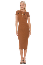 Front view camel rib knit midi dress, short sleeves, crew neck, gold button, and black contract detail.