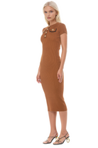 Side view camel rib knit midi dress, short sleeves, crew neck, gold button, and black contract detail.