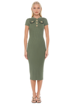 Front view sage green rib knit midi dress, short sleeves, crew neck, gold button, and black contract detail.