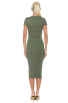 Back view sage green rib knit midi dress, short sleeves, crew neck, gold button, and black contract detail.