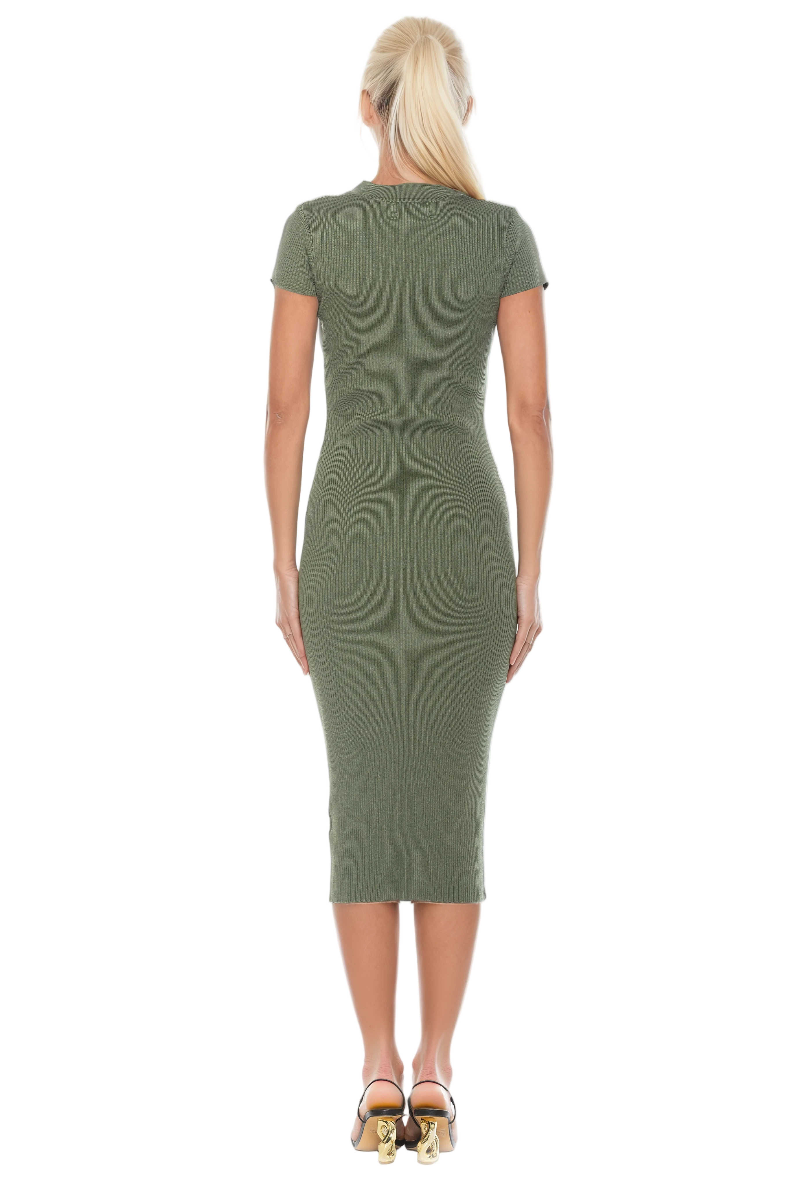 Back view sage green rib knit midi dress, short sleeves, crew neck, gold button, and black contract detail.