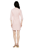 Front view pink 3/4 sleeve button front shift dress with back zip.
