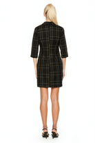 Back view black plaid shift dress, 3/4 sleeve.