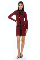 Front view burgundy long sleeve knit mini dress, crew neck with black contrast detail and mock gold snap buttons.