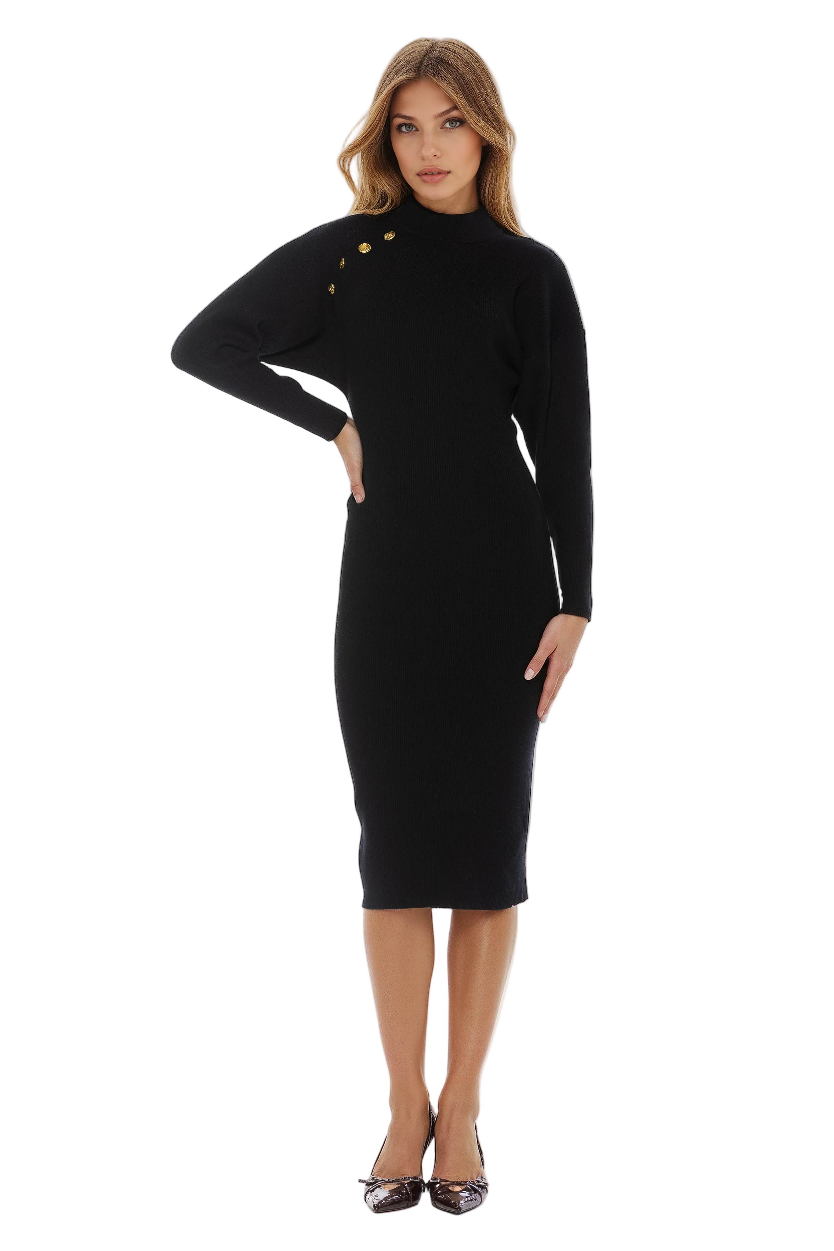Front view black midi dress, slim fit long dolman sleeves with gold buttons at armhole, mock neck.
