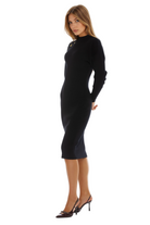 Side view black midi dress, slim fit long dolman sleeves with gold buttons at armhole, mock neck.