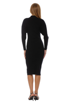 Back view black midi dress, slim fit long dolman sleeves, mock neck.