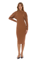 Front view camel midi dress, slim fit long dolman sleeves with gold buttons at armhole, mock neck.