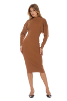 Front view camel midi dress, slim fit long dolman sleeves with gold buttons at armhole, mock neck.